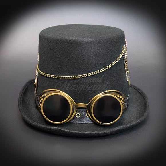 Steampunk Top Hat Goggles Chains and Gears Detail - Picture 2 of 4